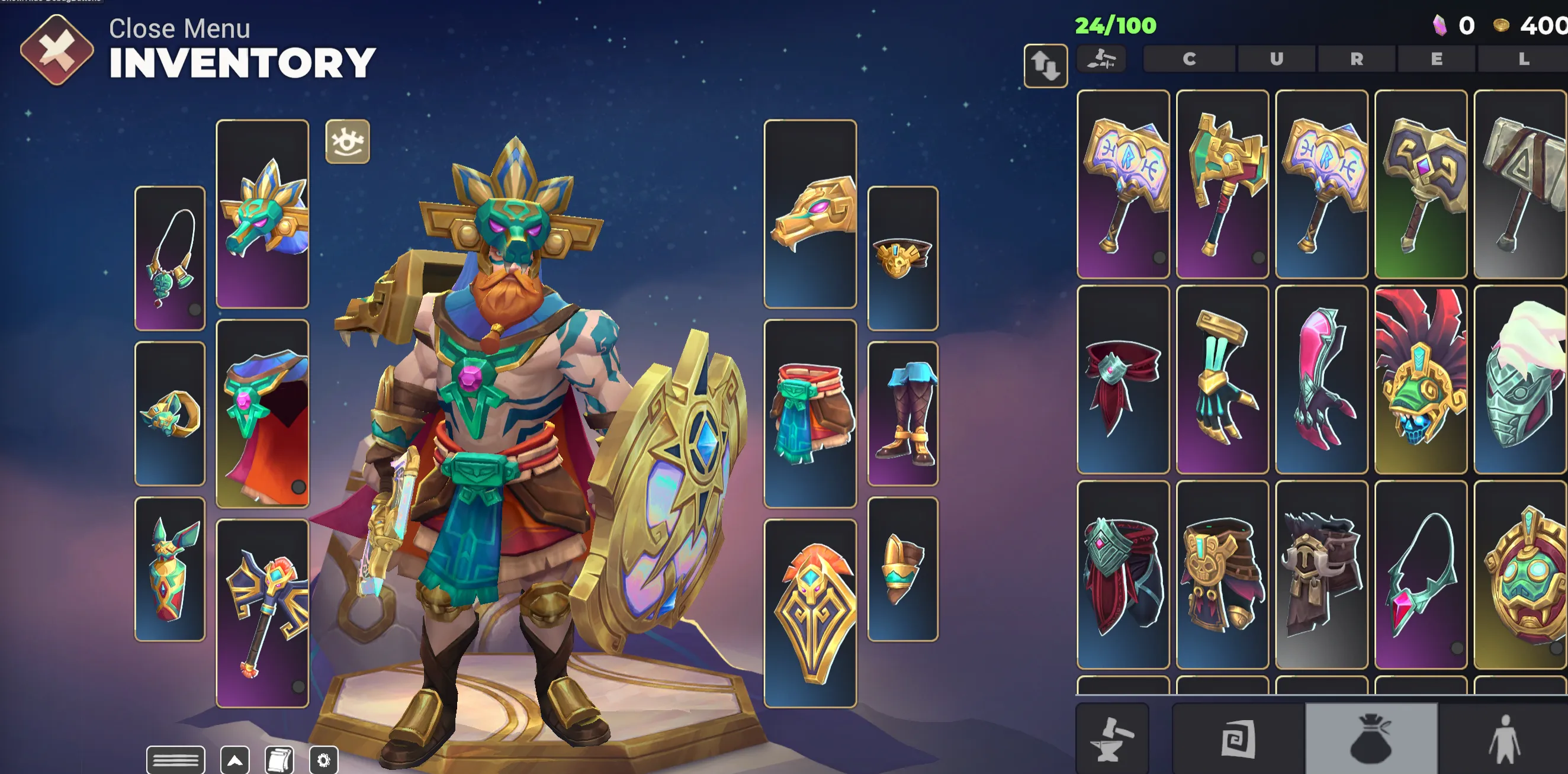 Myths inventory screen with equipped character